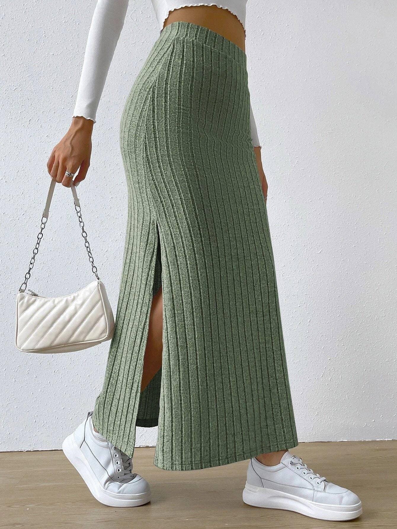 Ladies Solid High Waist Side Split Knit Long Skirt G1013 - SWEETKAMA