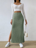 Ladies Solid High Waist Side Split Knit Long Skirt G1013 - SWEETKAMA