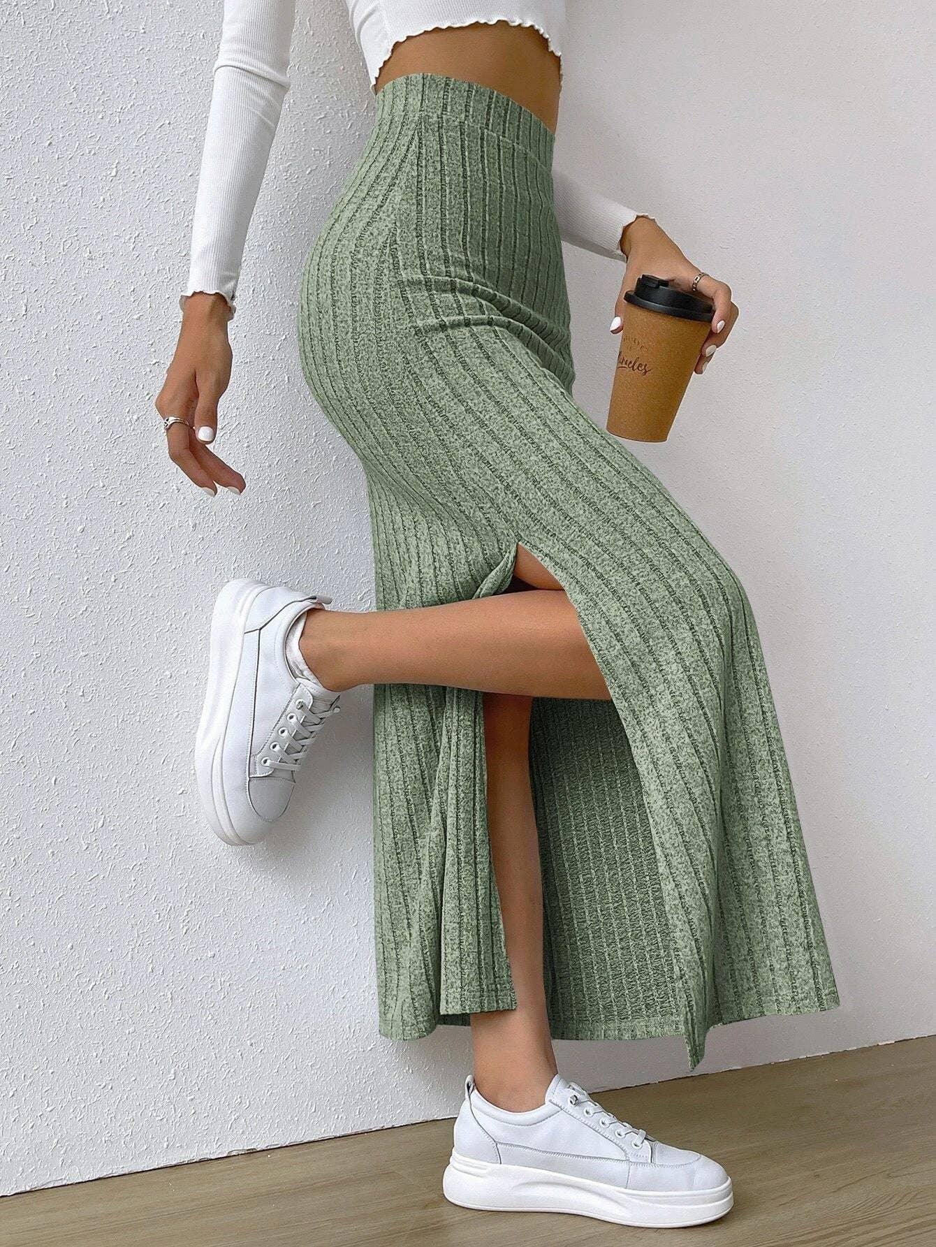 Ladies Solid High Waist Side Split Knit Long Skirt G1013 - SWEETKAMA