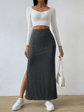 Ladies Solid High Waist Side Split Knit Long Skirt G1013 - SWEETKAMA