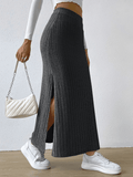 Ladies Solid High Waist Side Split Knit Long Skirt G1013 - SWEETKAMA