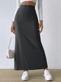 Ladies Solid High Waist Side Split Knit Long Skirt G1013 - SWEETKAMA