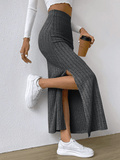 Ladies Solid High Waist Side Split Knit Long Skirt G1013 - SWEETKAMA