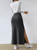 Ladies Solid High Waist Side Split Knit Long Skirt G1013 - SWEETKAMA