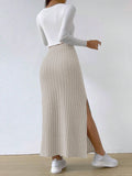 Ladies Solid High Waist Side Split Knit Long Skirt G1013 - SWEETKAMA