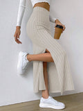 Ladies Solid High Waist Side Split Knit Long Skirt G1013 - SWEETKAMA