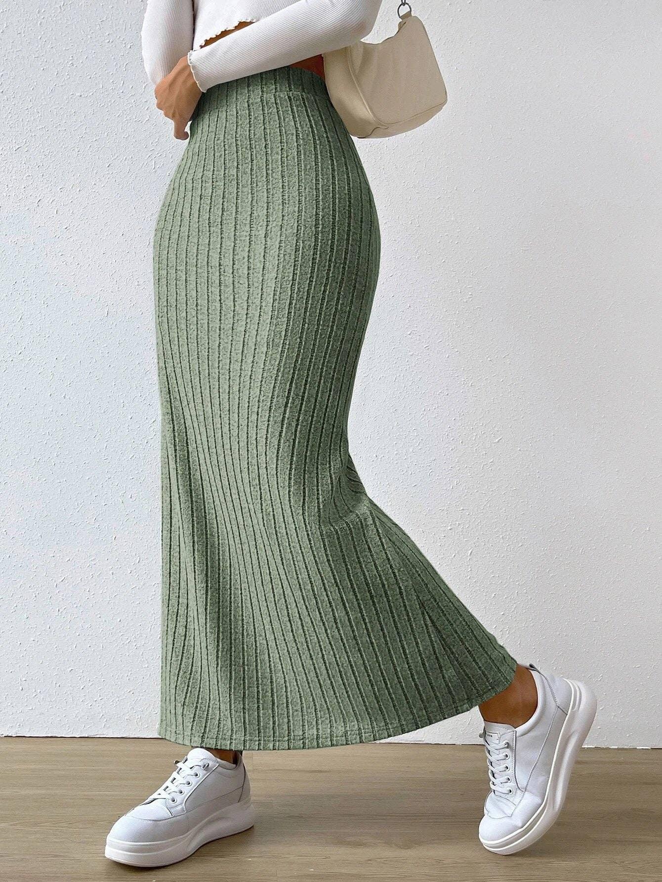 Ladies Solid High Waist Side Split Knit Long Skirt G1013 - SWEETKAMA