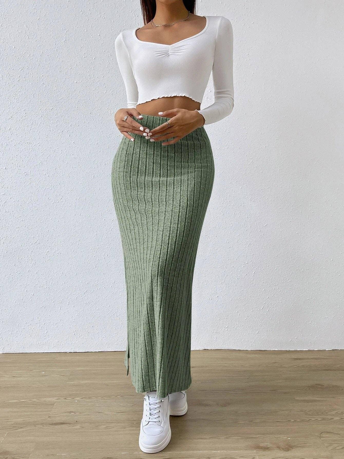 Ladies Solid High Waist Side Split Knit Long Skirt G1013 - SWEETKAMA