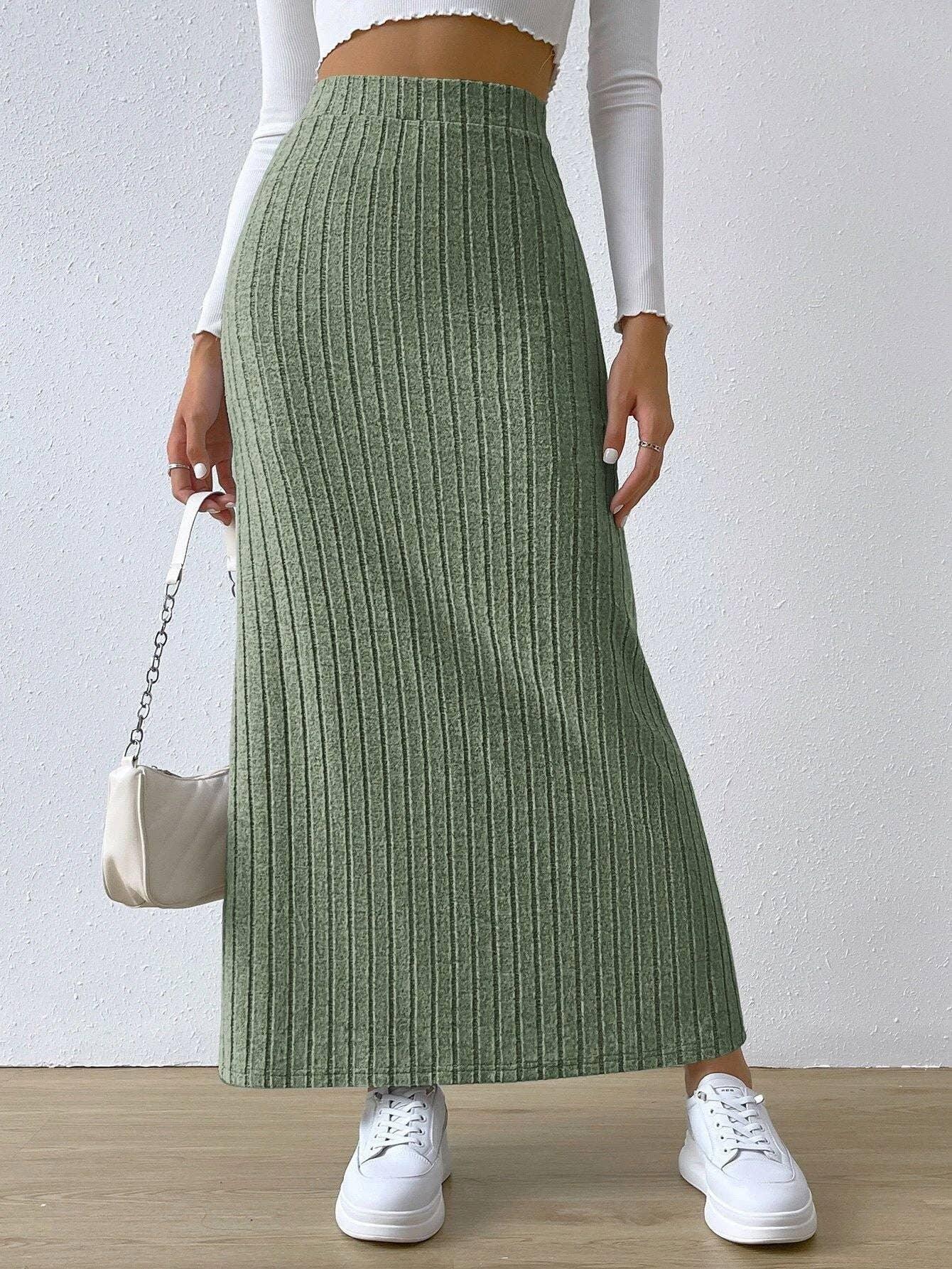 Ladies Solid High Waist Side Split Knit Long Skirt G1013 - SWEETKAMA