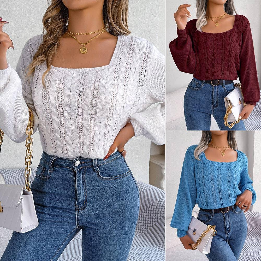 Ladies Solid Long Sleeves Square Collar Top 2118 - SWEETKAMA