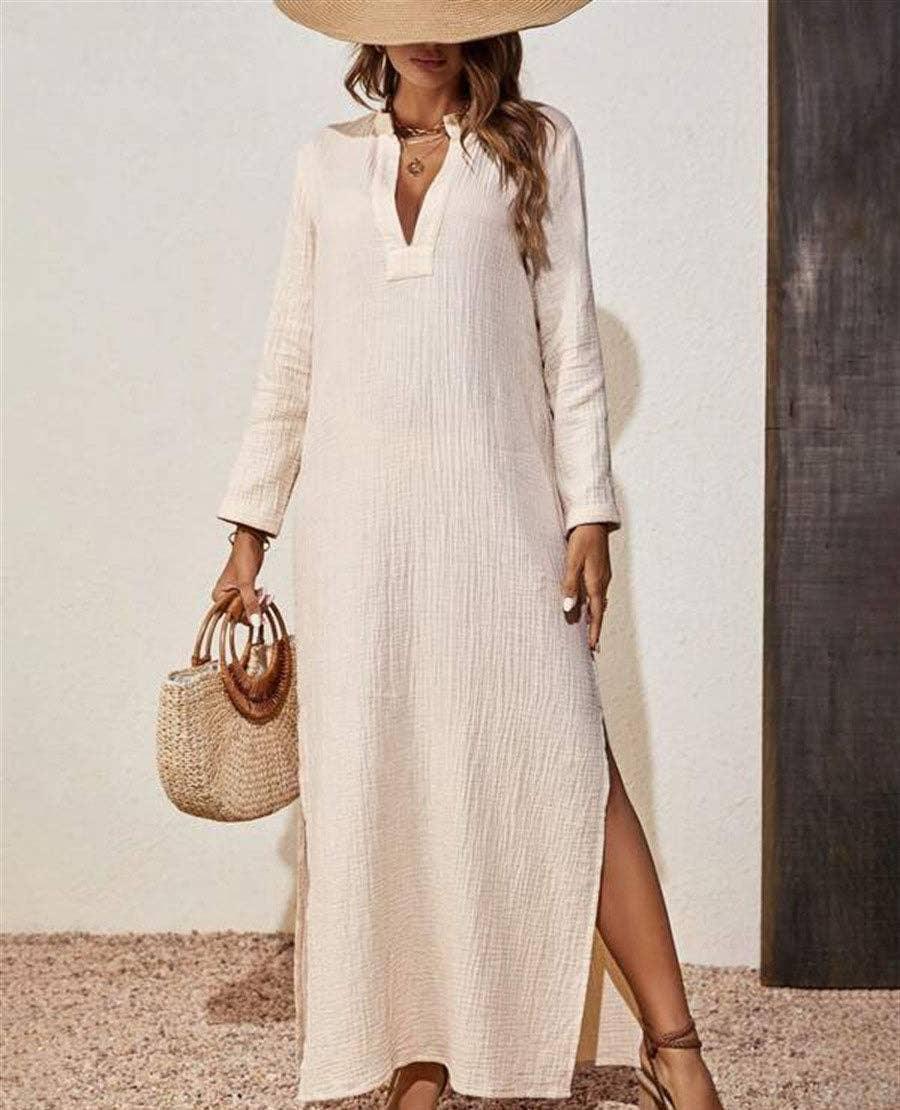 Ladies Solid Long Sleeves V-Neck Loose Dress 974 - SWEETKAMA