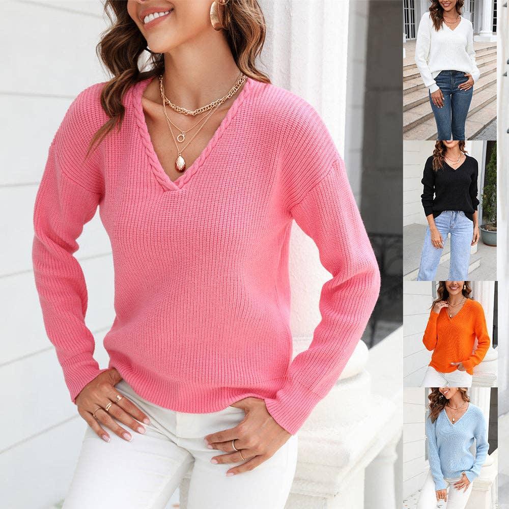 Ladies Solid Long Sleeves V-Neck Sweater T9240 - SWEETKAMA