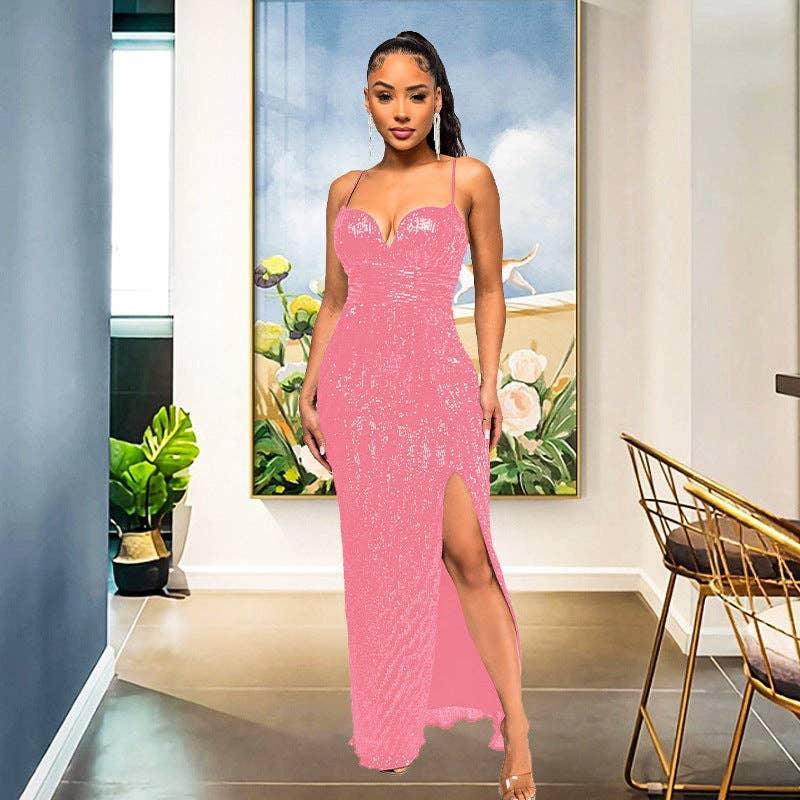 Ladies Solid Sequin Sleeveless Long Halter Dress R9133 - SWEETKAMA