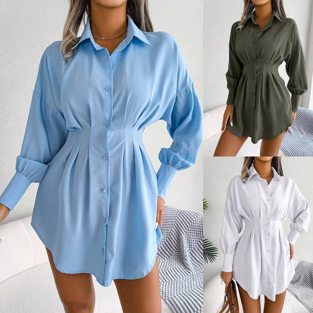 Ladies Solid Turn-Down Collar Long Sleeves Dress B8328 - SWEETKAMA