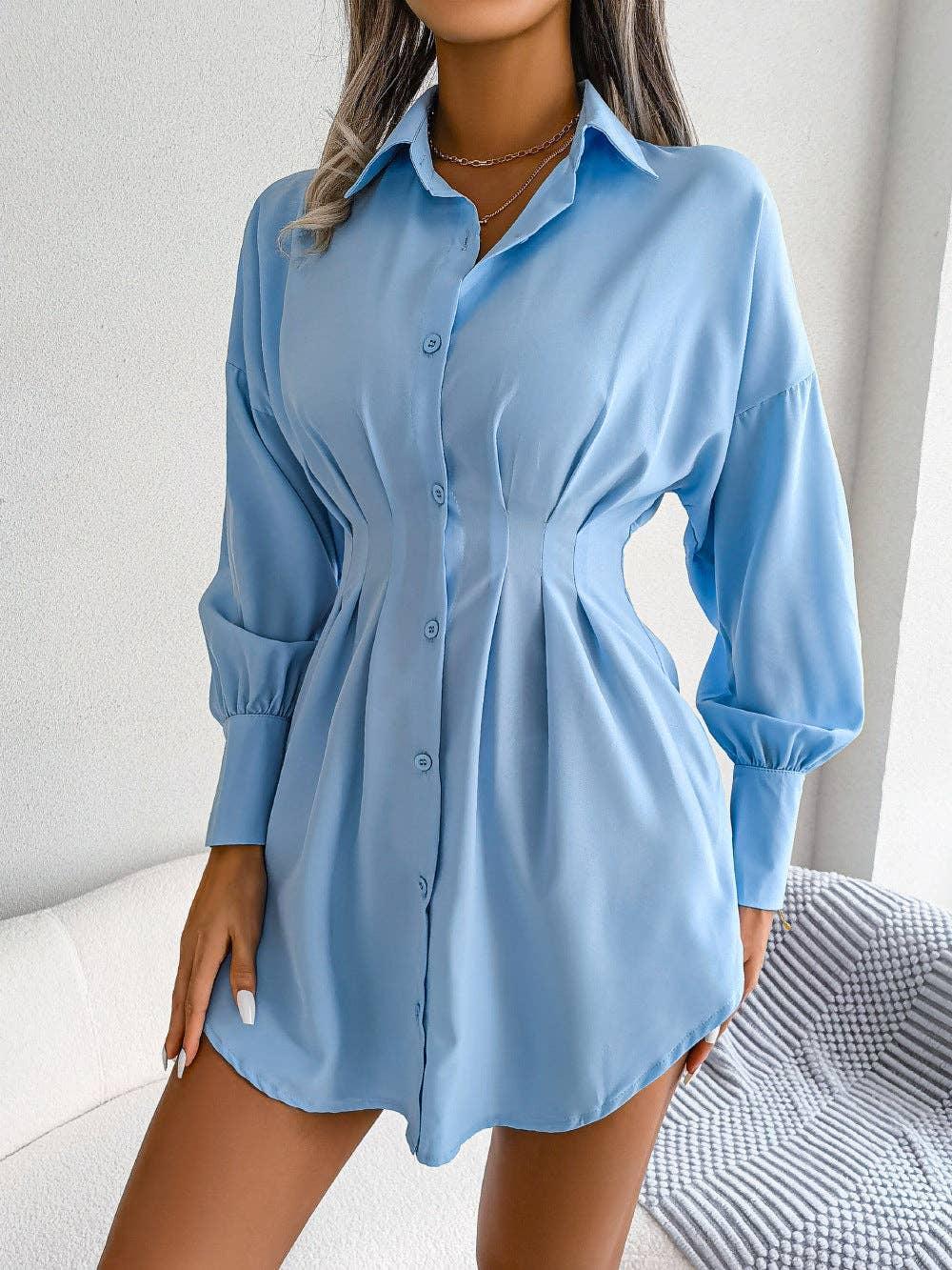 Ladies Solid Turn-Down Collar Long Sleeves Dress B8328 - SWEETKAMA