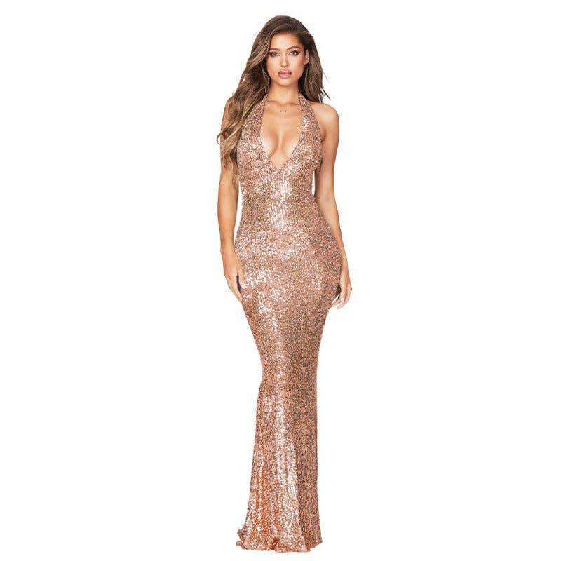 Ladies Sparkle Sequin Halter Slim Maxi Dress R9162 - SWEETKAMA