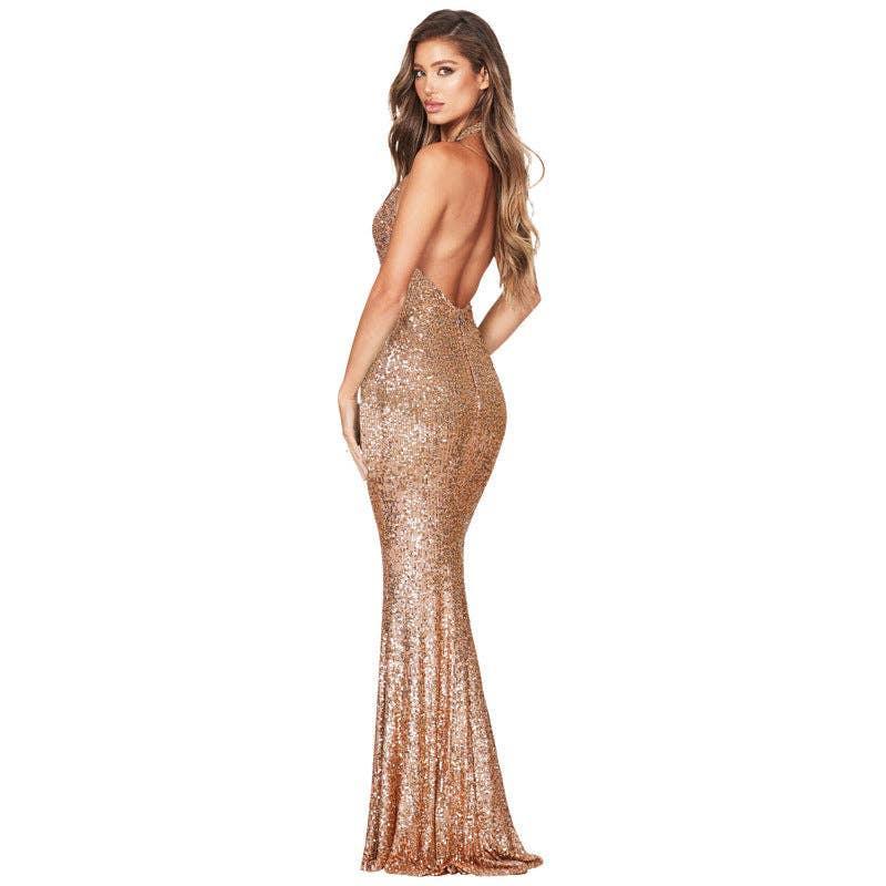 Ladies Sparkle Sequin Halter Slim Maxi Dress R9162 - SWEETKAMA