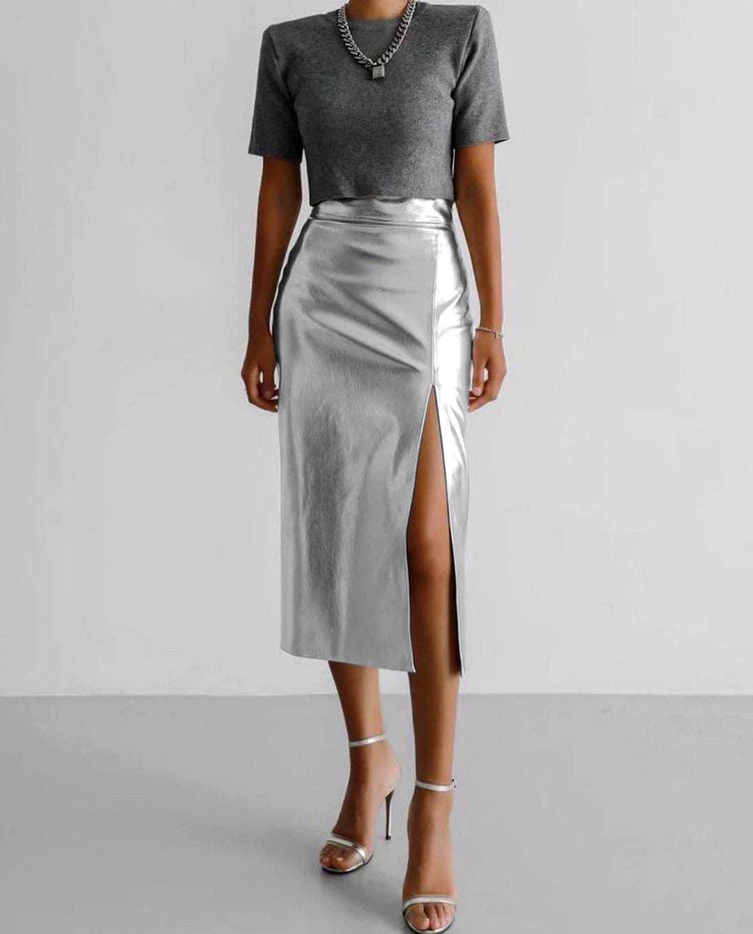 Ladies Split Leather Midi Skirt BSQ3632 - SWEETKAMA