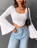 Ladies Square Neck Flounce Sleeves Crop Tee 5018# - SWEETKAMA