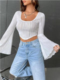 Ladies Square Neck Flounce Sleeves Crop Tee 5018# - SWEETKAMA