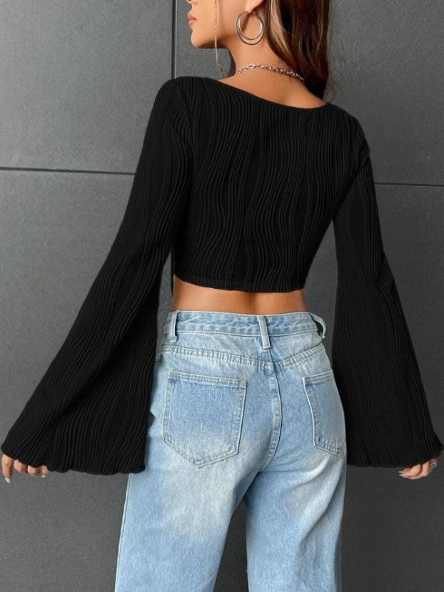 Ladies Square Neck Flounce Sleeves Crop Tee 5018# - SWEETKAMA