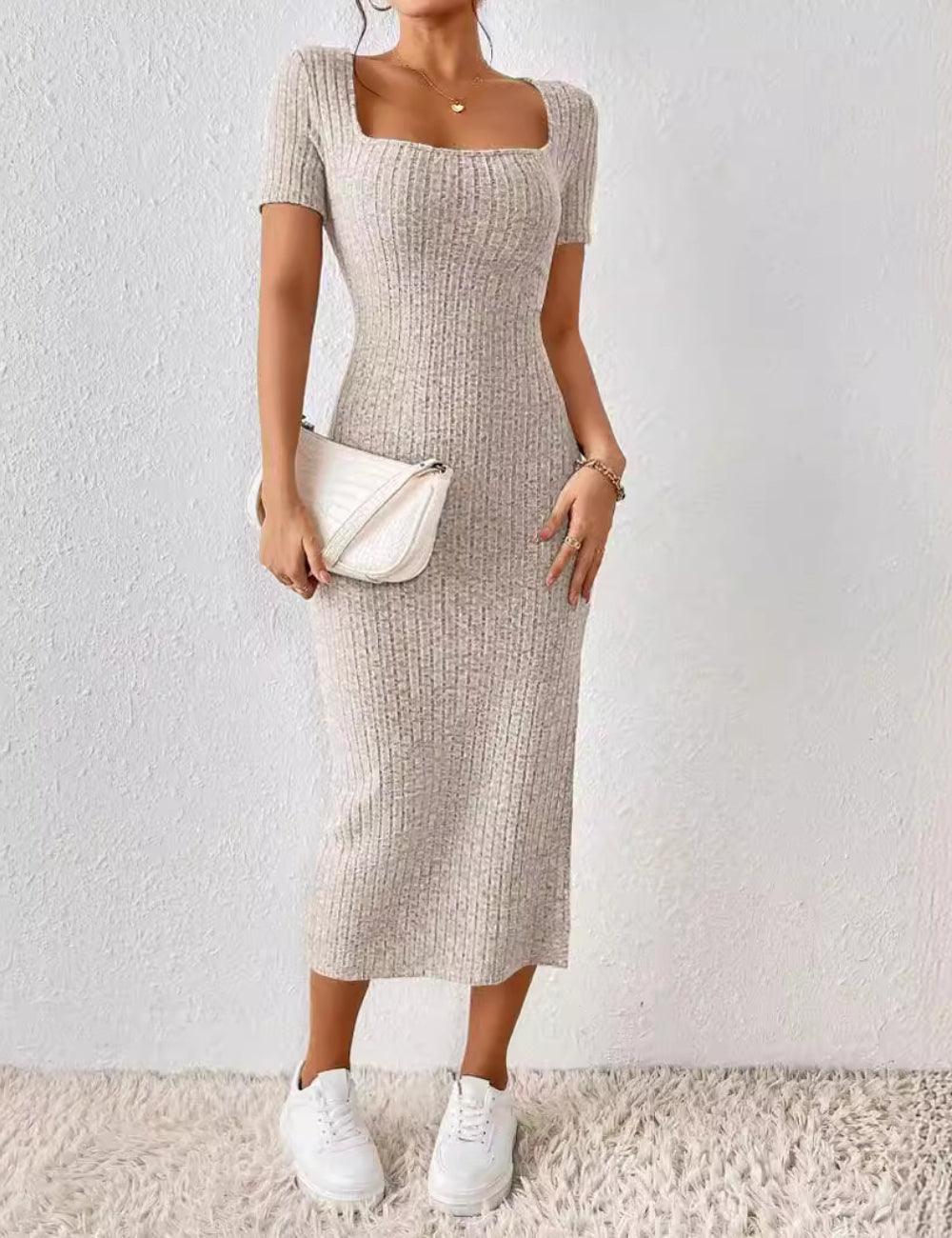 Ladies Square Neck Ribbed Knit Midi Dress LA2037 - SWEETKAMA