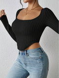 Ladies Square Neck Ribbed Knit Tee 5002# - SWEETKAMA