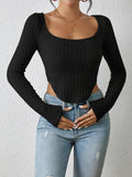 Ladies Square Neck Ribbed Knit Tee 5002# - SWEETKAMA