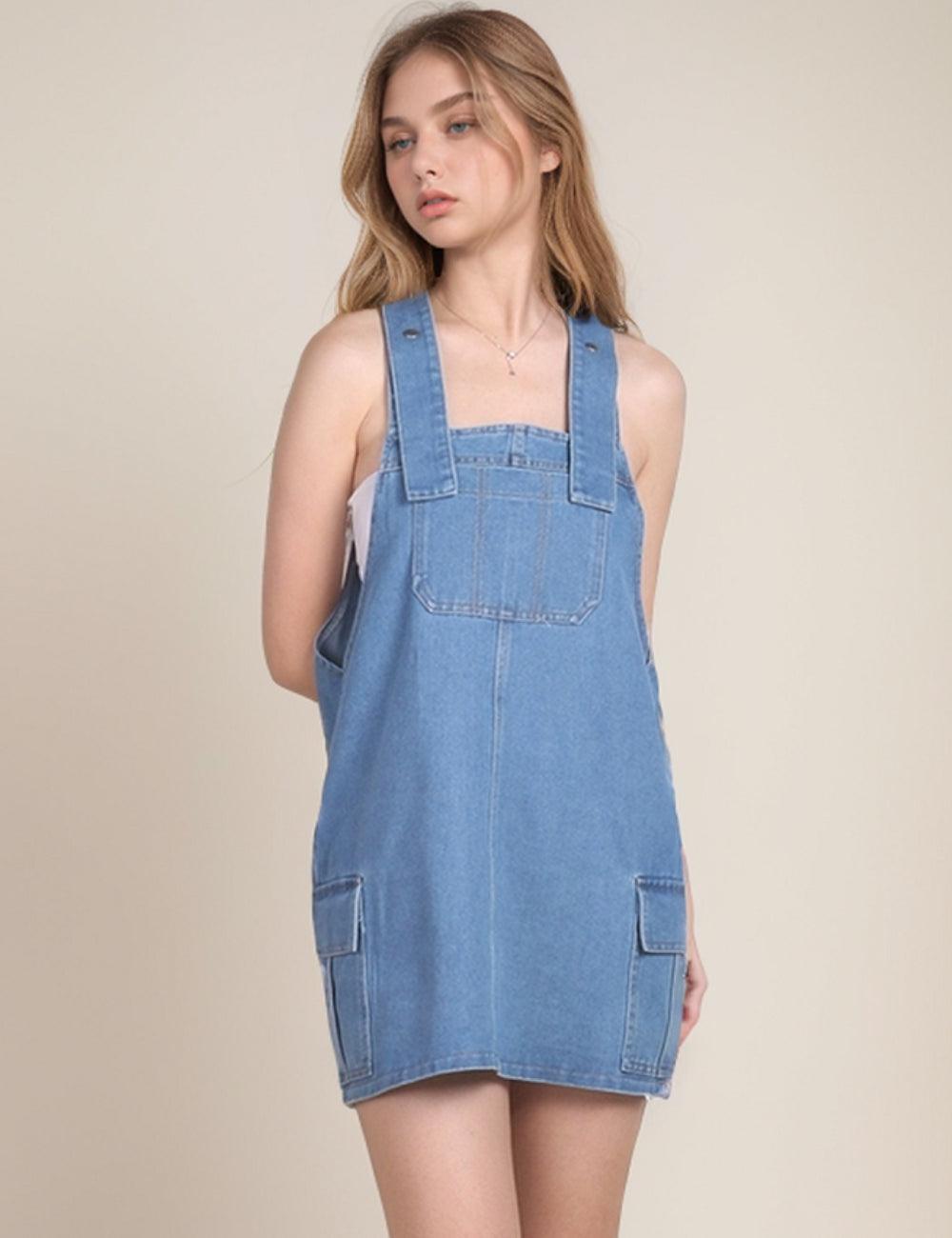 Ladies Strap Shoulder Denim Mini Dress SKD461 - SWEETKAMA