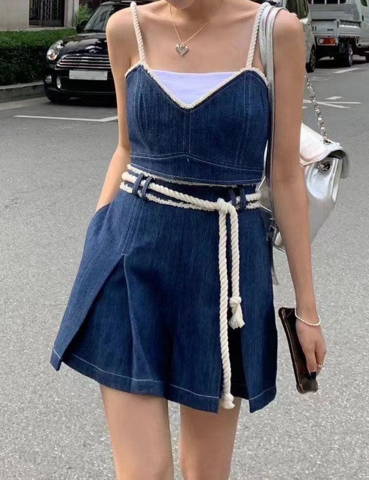 Ladies Strape Shoulder Denim Mini Dress SKST392 - SWEETKAMA