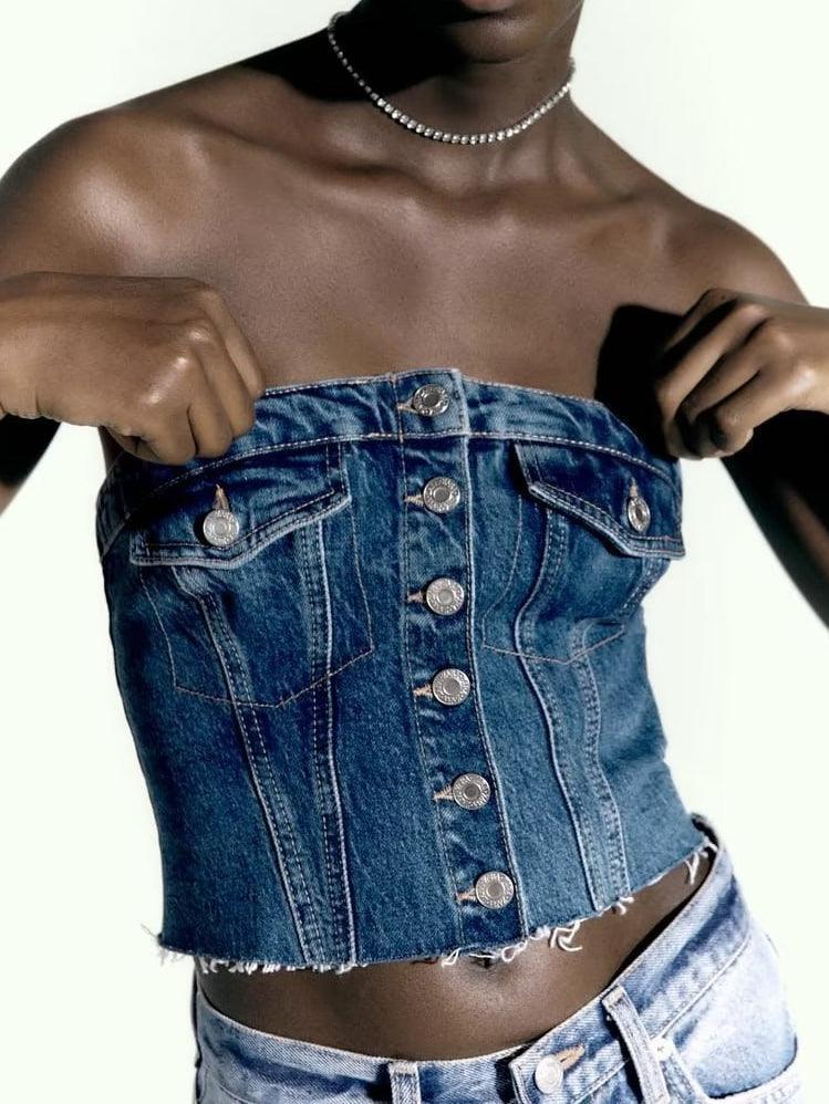 Ladies Strapless Button Denim Tube Top 7934 - SWEETKAMA