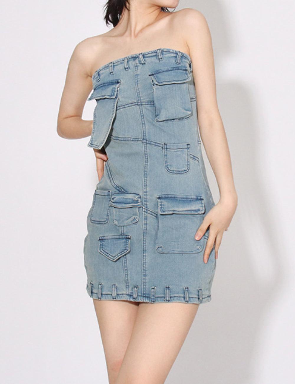 Ladies Strapless Pocket Denim Mini Dress SKX2477 - SWEETKAMA