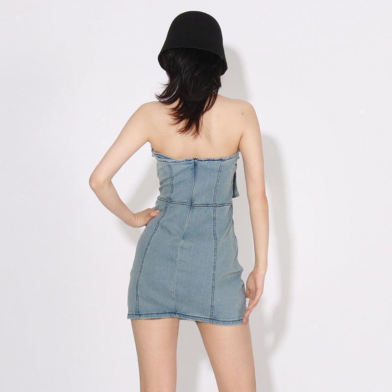 Ladies Strapless Pocket Denim Mini Dress SKX2477 - SWEETKAMA