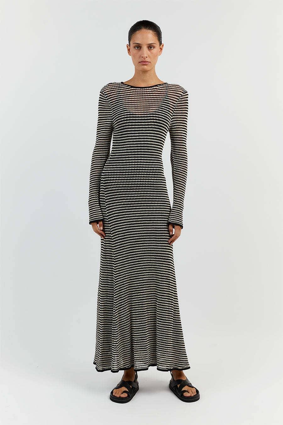 Ladies Stripe Hollow Out String Tie Long Dress 5510# - SWEETKAMA