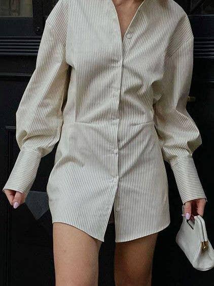 Ladies Stripe Lapel Puff Sleeves Short Shirt Dress LYQ9114 - SWEETKAMA