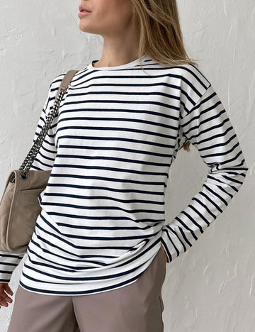 Ladies Stripe Long Sleeves Crew Neck Tee TX0016 - SWEETKAMA