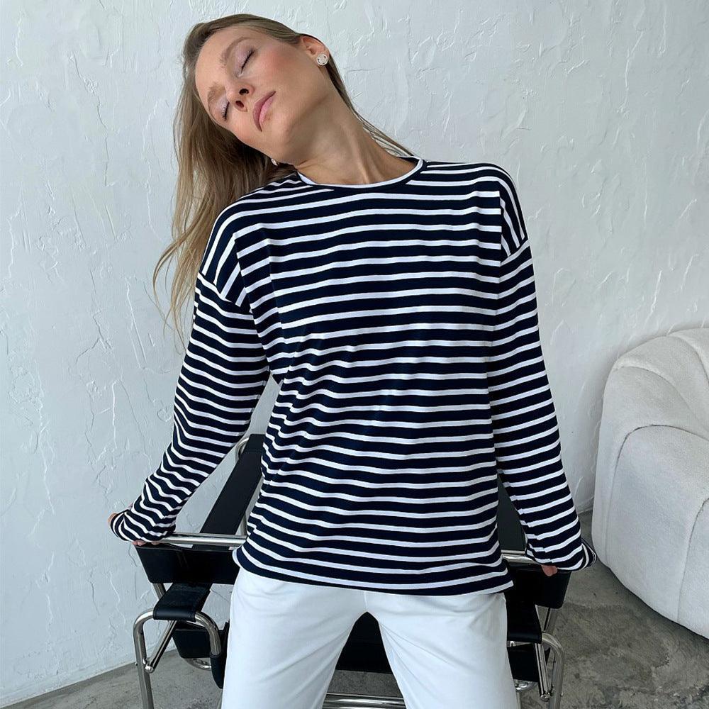 Ladies Stripe Long Sleeves Crew Neck Tee TX0016 - SWEETKAMA