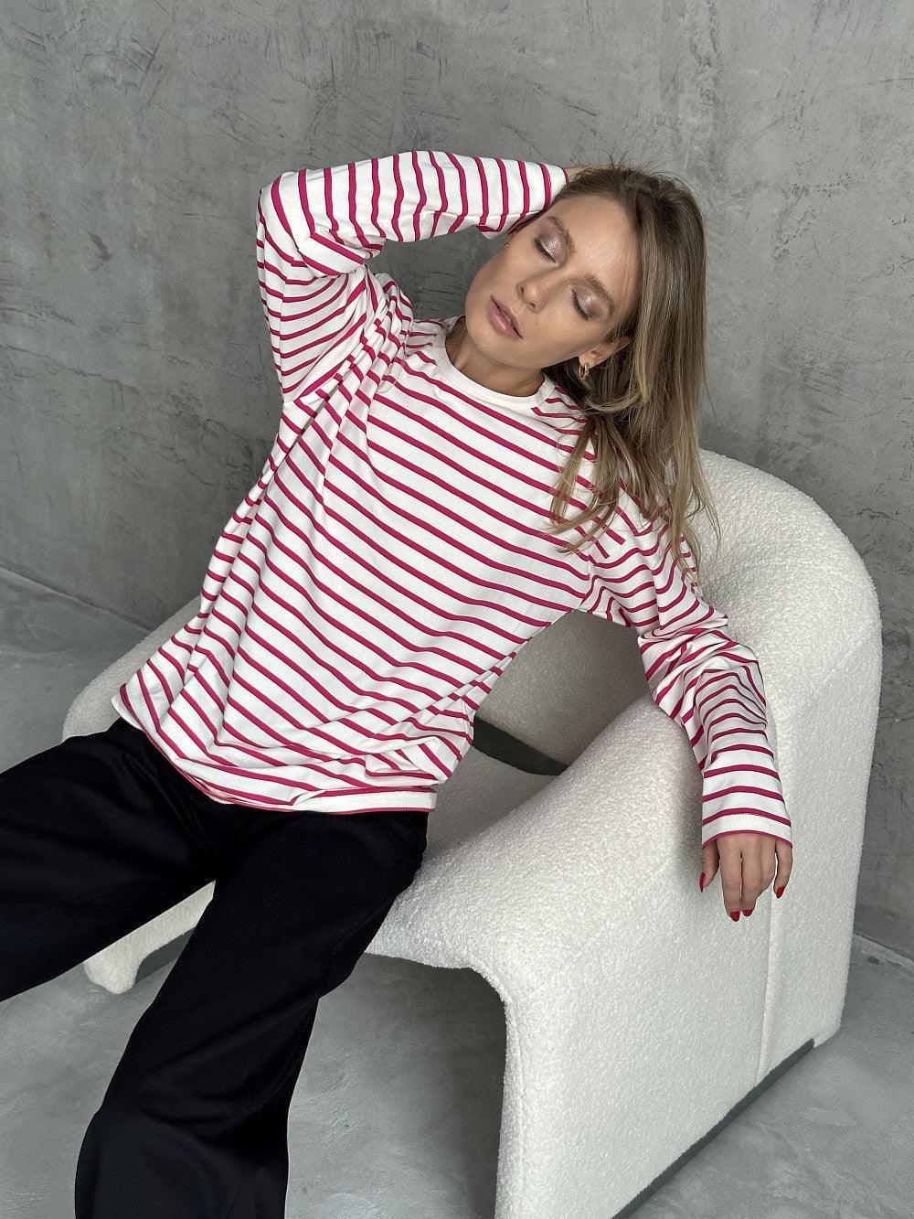 Ladies Stripe Long Sleeves Crew Neck Tee TX0016 - SWEETKAMA