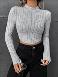 Ladies Stripe Mock Collar Daily Crop Top G1029 - SWEETKAMA