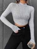 Ladies Stripe Mock Collar Daily Crop Top G1029 - SWEETKAMA