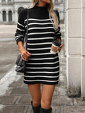 Ladies Stripe Mock Neck Sweater Dress E2380 - SWEETKAMA