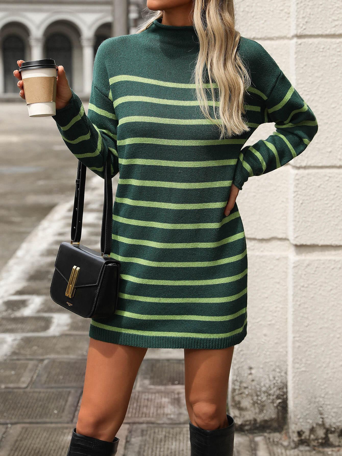 Ladies Stripe Mock Neck Sweater Dress E2380 - SWEETKAMA