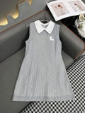 Ladies Stripe Sleeveless Trundown Collar Mini Dress H102# - SWEETKAMA