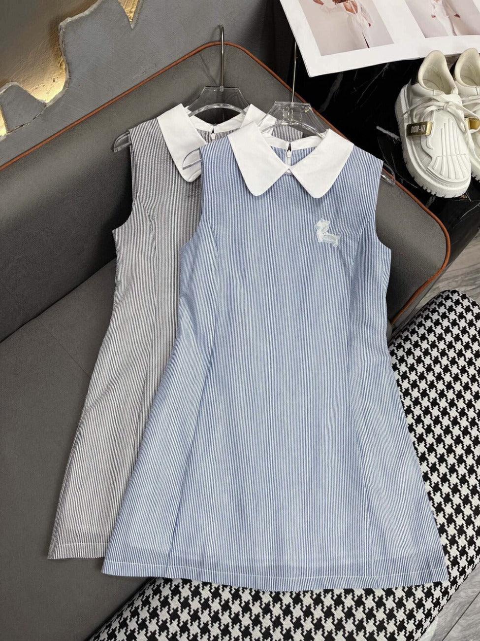 Ladies Stripe Sleeveless Trundown Collar Mini Dress H102# - SWEETKAMA