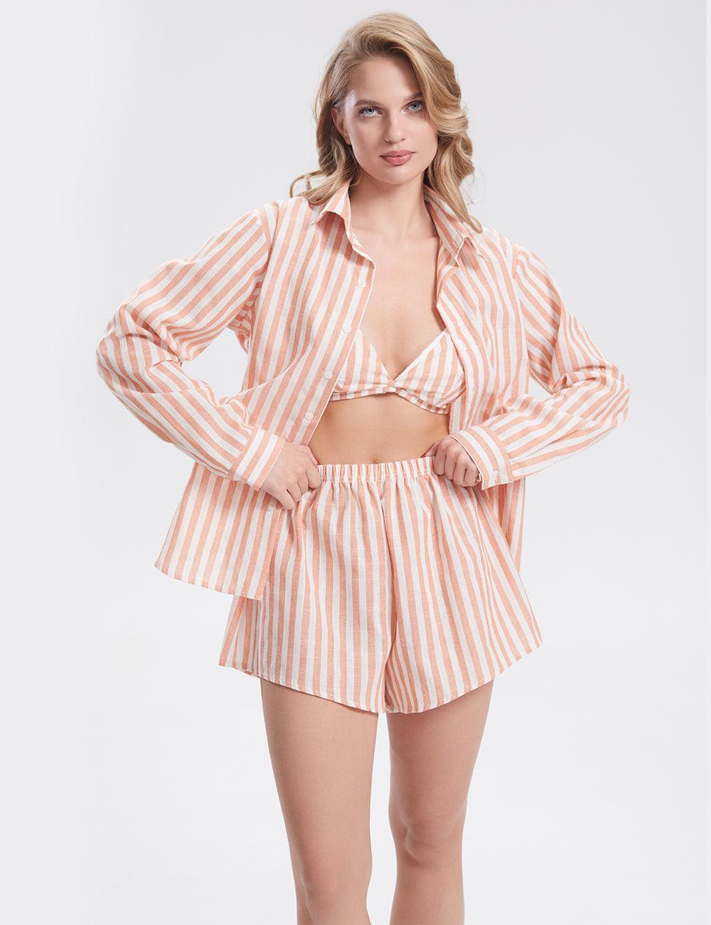 Ladies Stripe Top and Shorts Daily 3PCS Set SKST1704 - SWEETKAMA