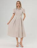 Ladies Striped Belted Short Sleeves Midi Dress SKD355 - SWEETKAMA