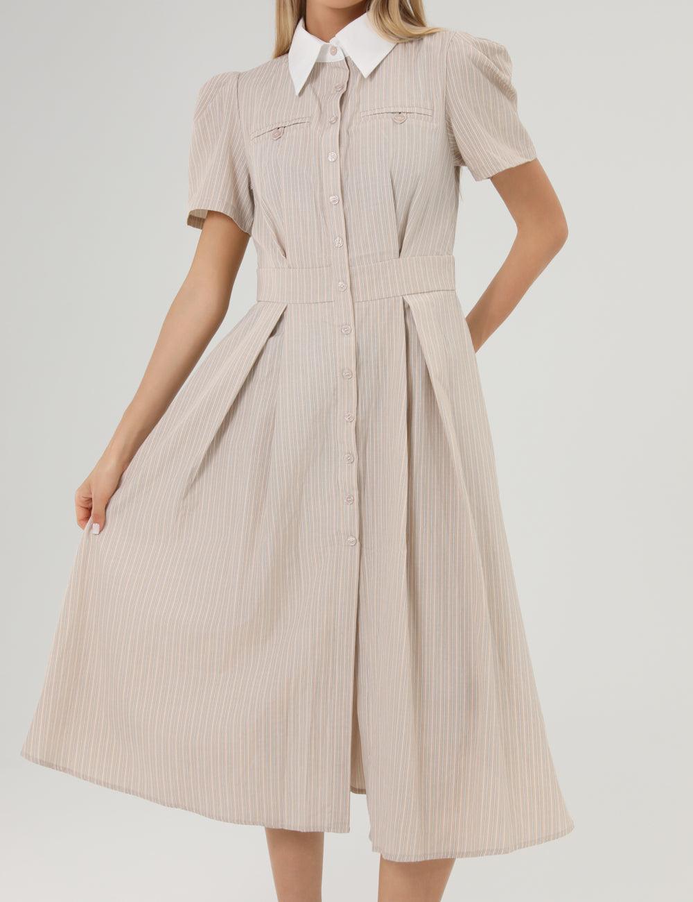 Ladies Striped Belted Short Sleeves Midi Dress SKD355 - SWEETKAMA