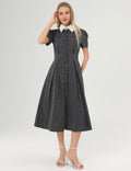 Ladies Striped Belted Short Sleeves Midi Dress SKD355 - SWEETKAMA