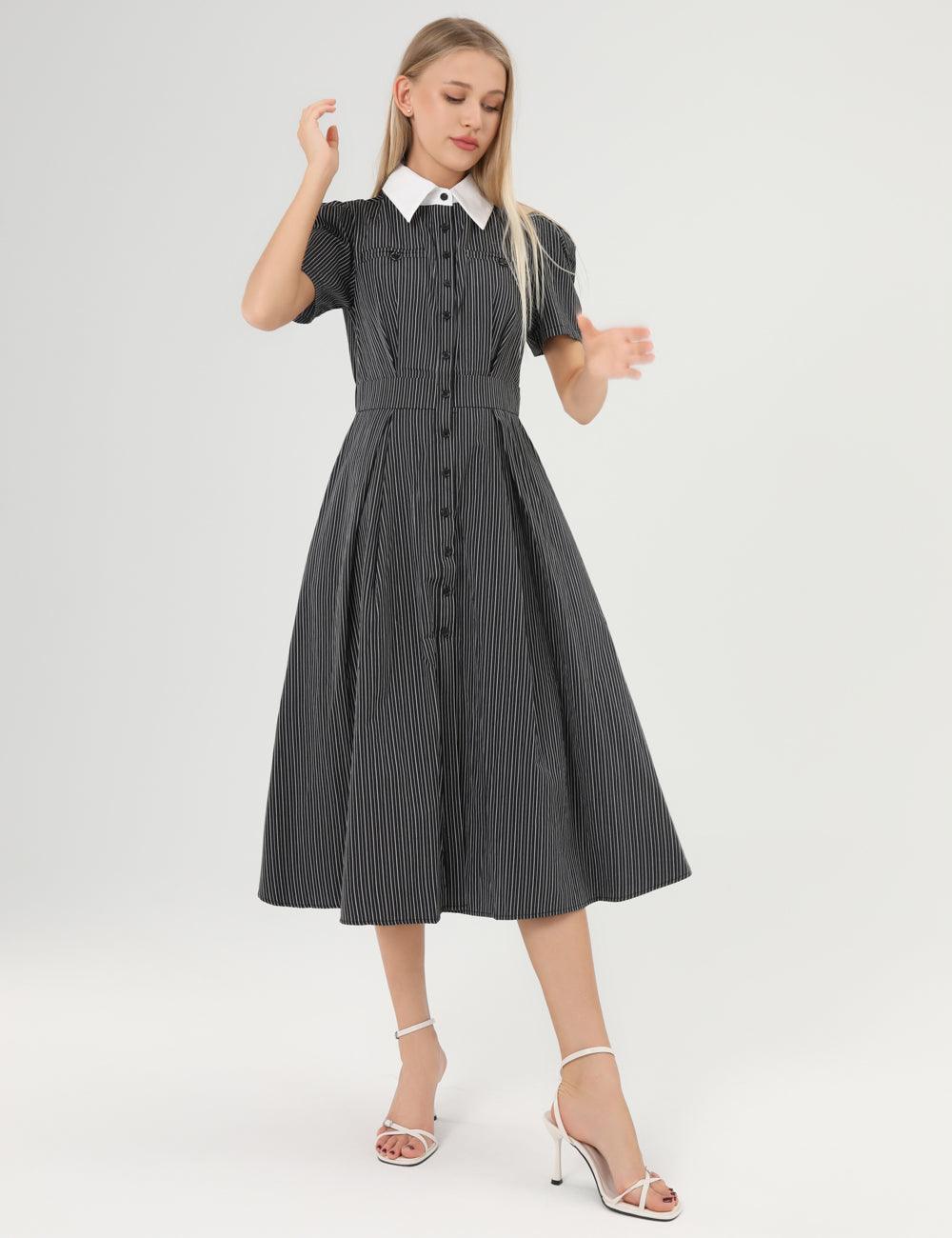 Ladies Striped Belted Short Sleeves Midi Dress SKD355 - SWEETKAMA