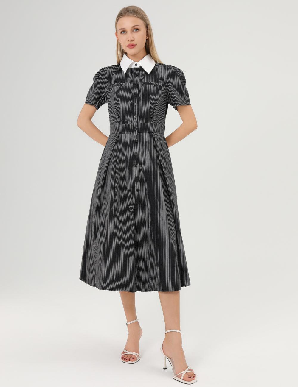 Ladies Striped Belted Short Sleeves Midi Dress SKD355 - SWEETKAMA